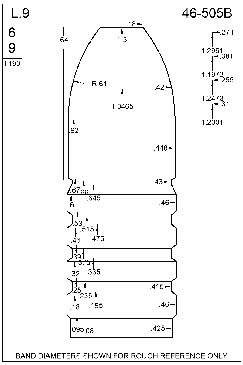 Dimensioned view of bullet 46-505B