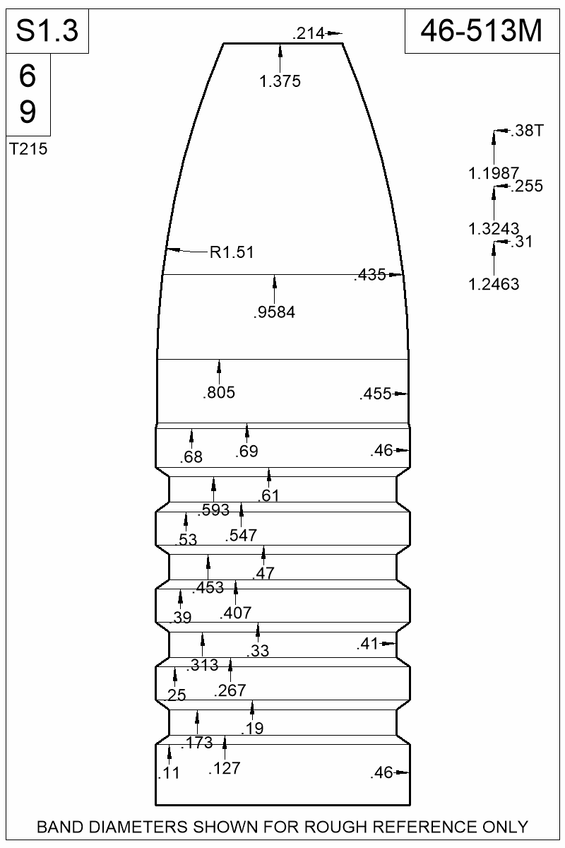 Dimensioned view of bullet 46-513M
