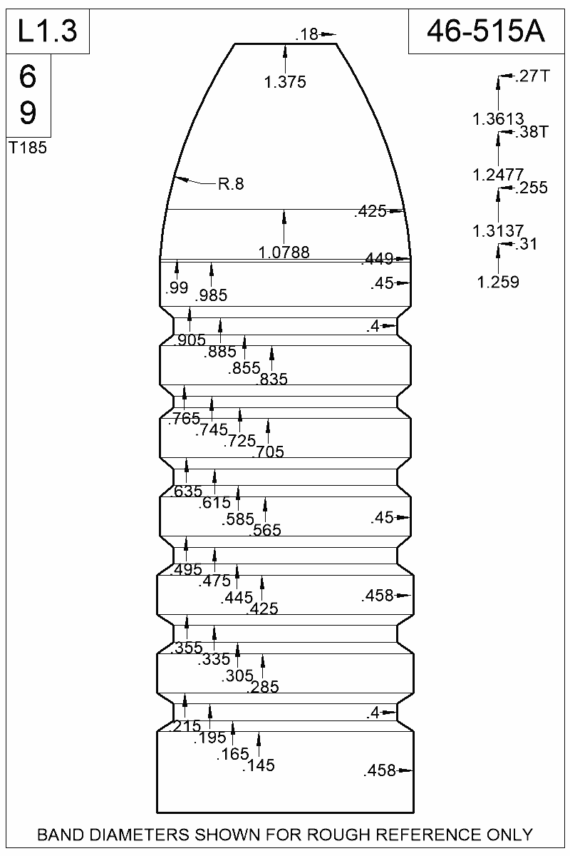 Dimensioned view of bullet 46-515A