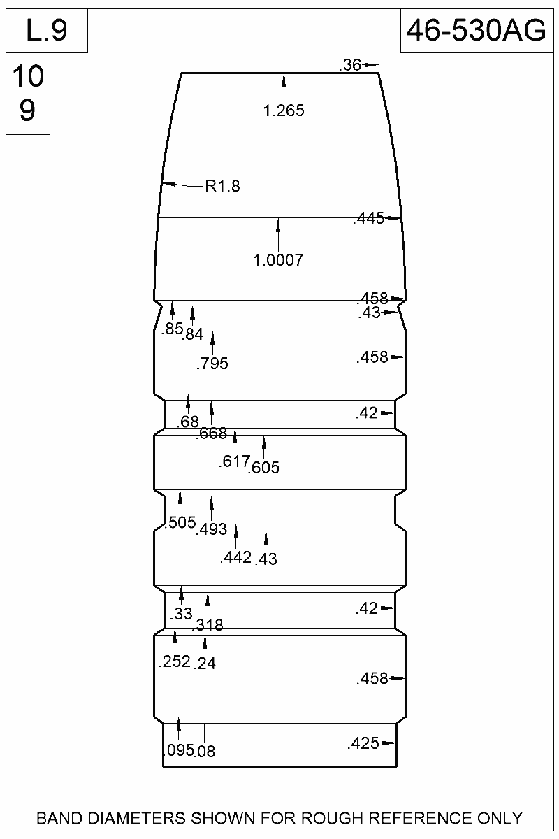 Dimensioned view of bullet 46-530AG