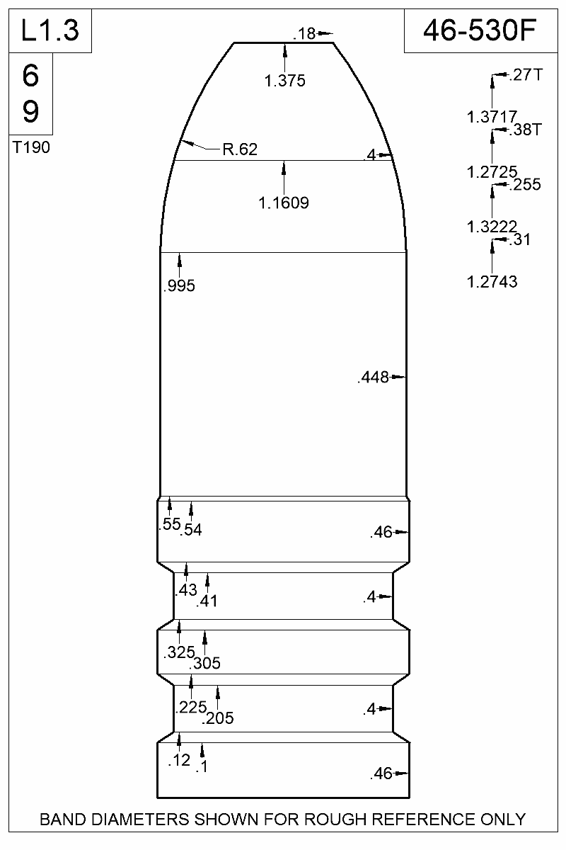 Dimensioned view of bullet 46-530F