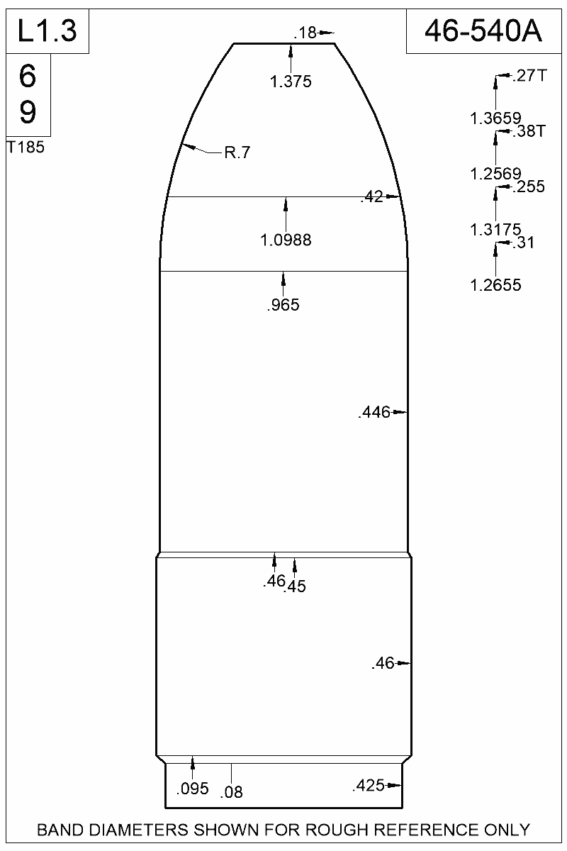 Dimensioned view of bullet 46-540A