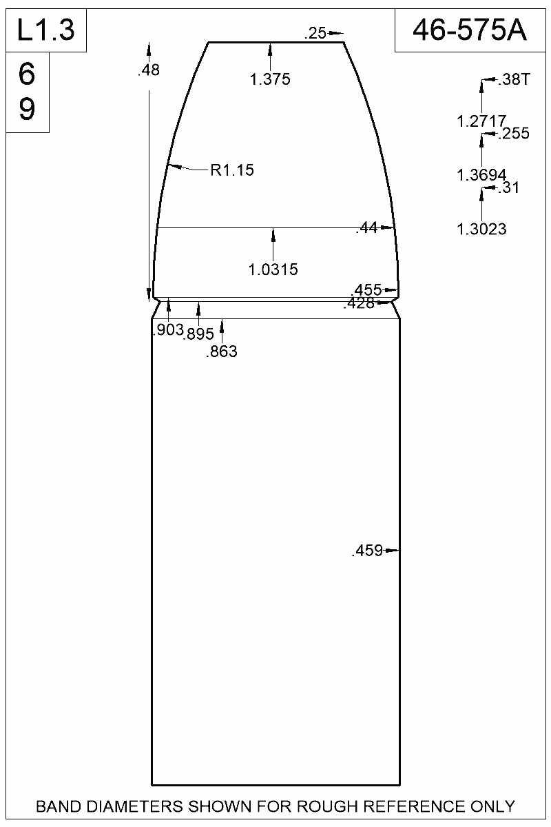 Accurate Molds catalog #46-575A Dimensioned view of bullet 46-575A