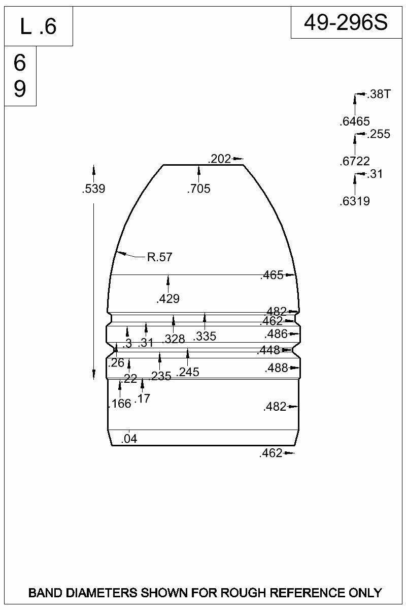 Dimensioned view of bullet 49-296S
