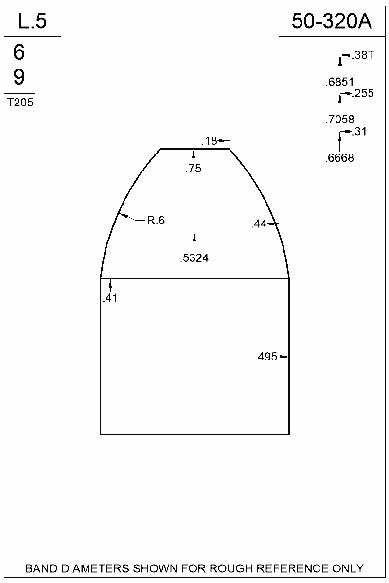 Dimensioned view of bullet 50-320A
