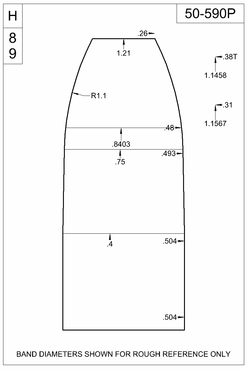 Dimensioned view of bullet 50-590P