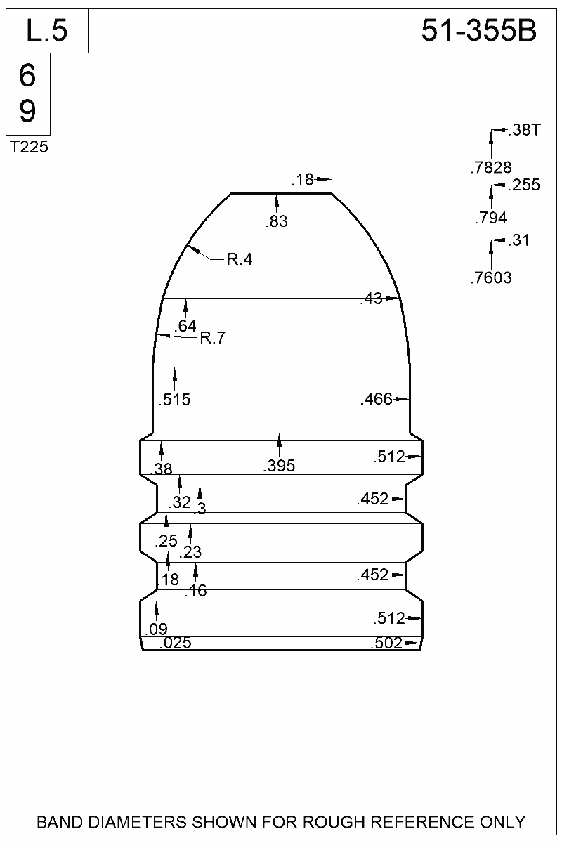 Dimensioned view of bullet 51-355B