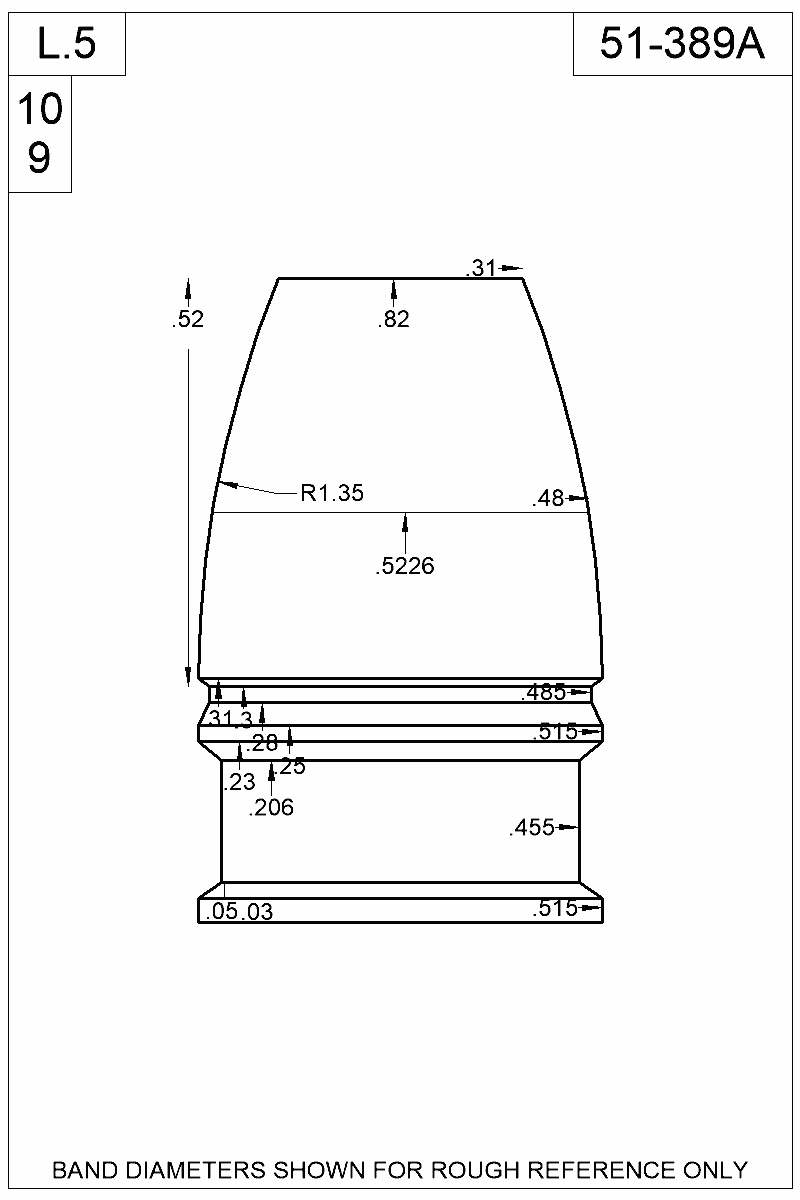 Accurate Molds catalog #51-389A Dimensioned view of bullet 51-389A