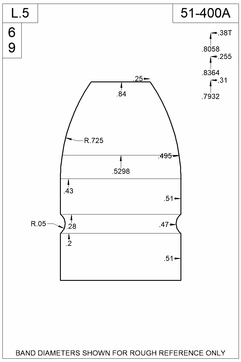 Dimensioned view of bullet 51-400A
