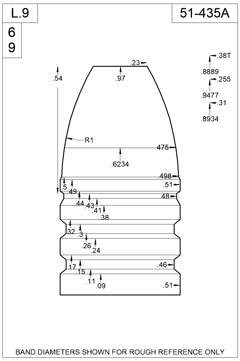 Accurate Molds catalog #51-435A Dimensioned view of bullet 51-435A