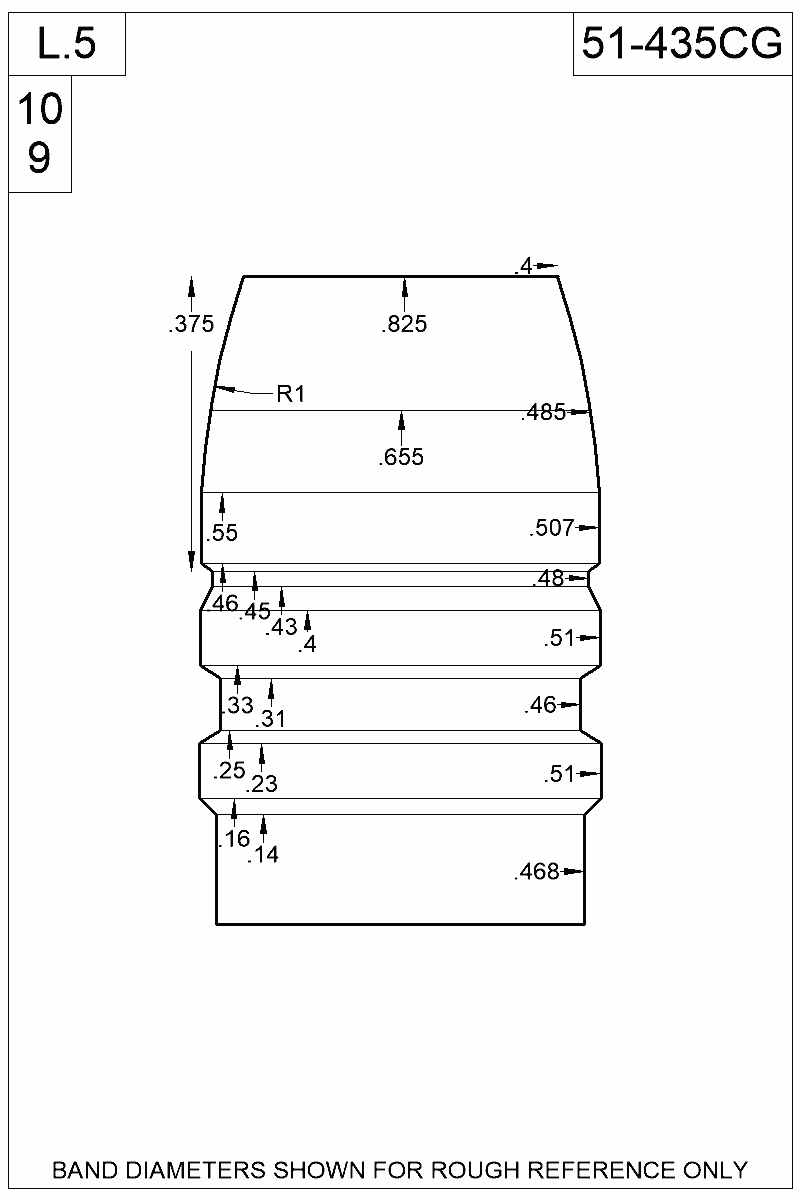 Accurate Molds catalog #51-435CG Dimensioned view of bullet 51-435CG