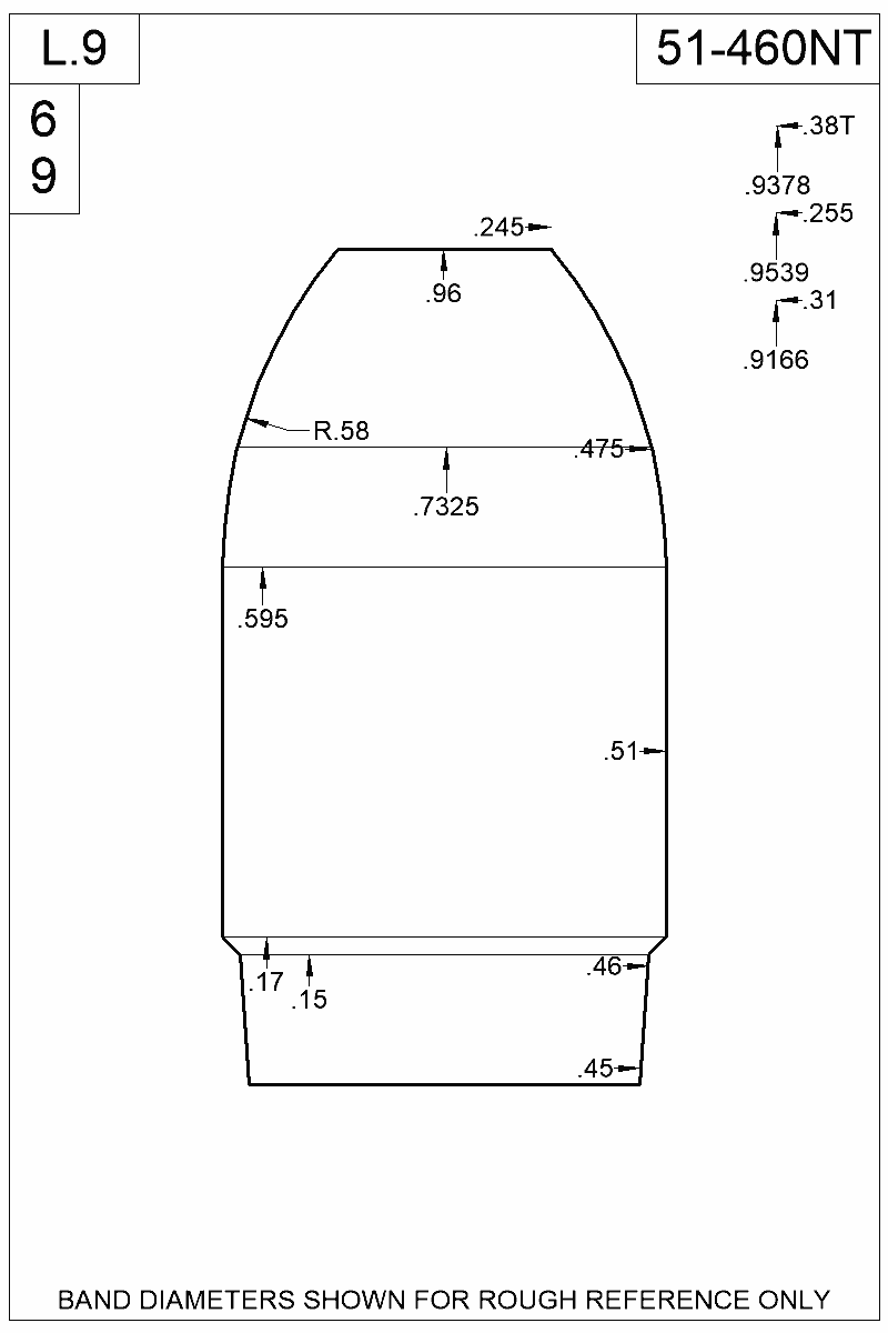 Dimensioned view of bullet 51-460NT
