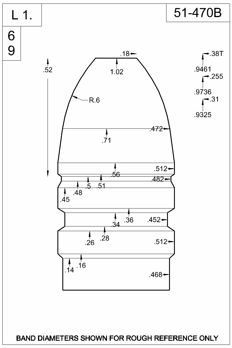 Dimensioned view of bullet 51-470B