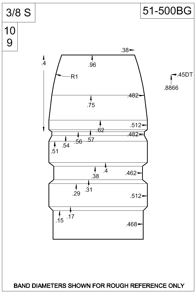 Dimensioned view of bullet 51-500BG