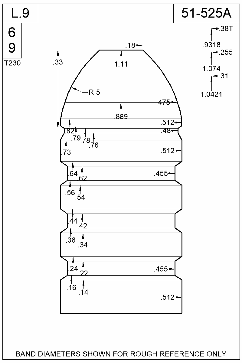 Dimensioned view of bullet 51-525A