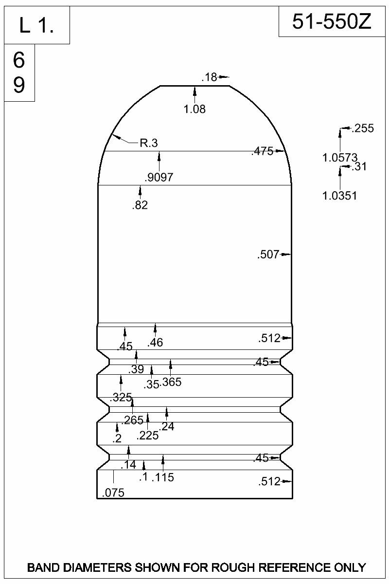 Dimensioned view of bullet 51-550Z
