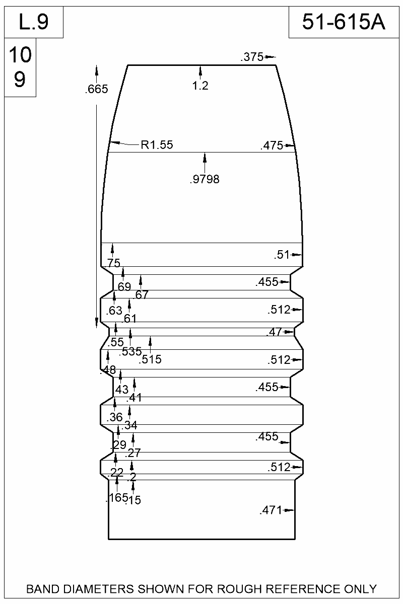 Dimensioned view of bullet 51-615A