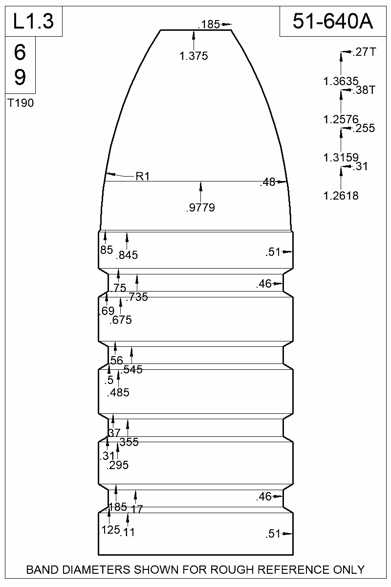 Dimensioned view of bullet 51-640A