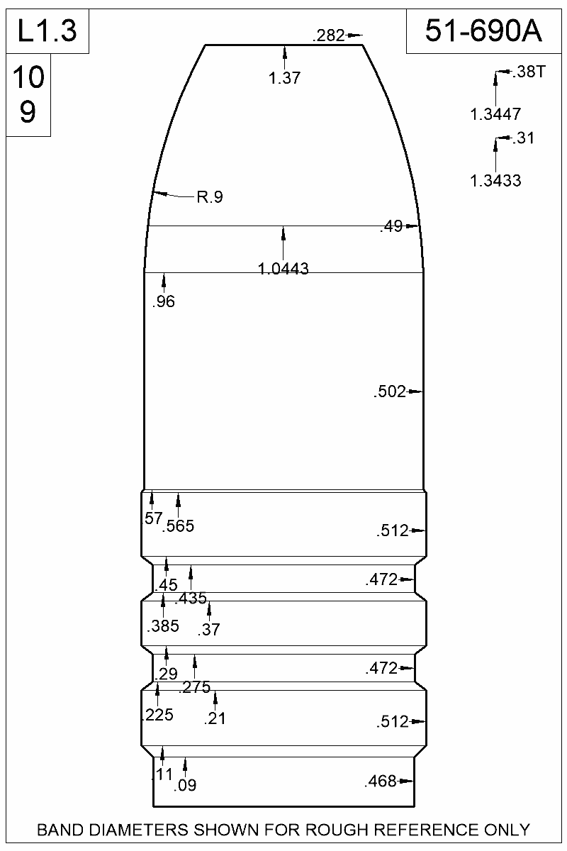 Dimensioned view of bullet 51-690A