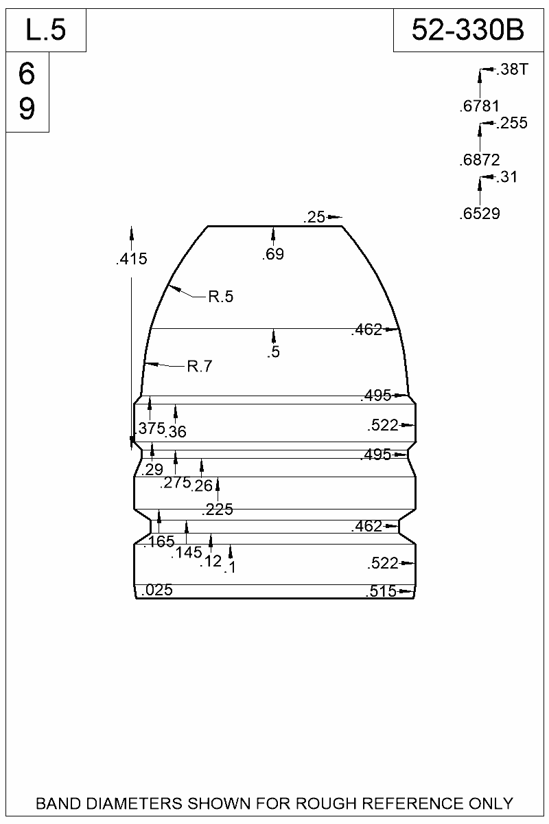 Dimensioned view of bullet 52-330B