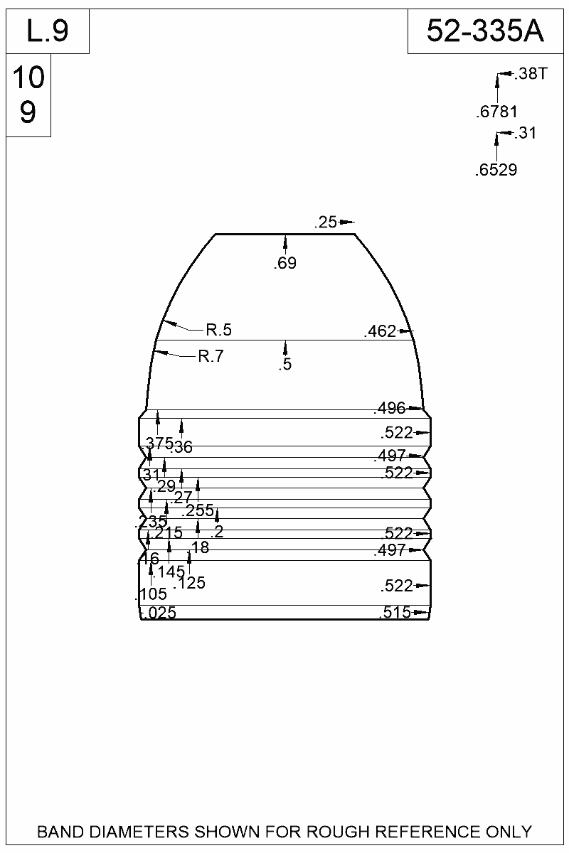 Dimensioned view of bullet 52-335A