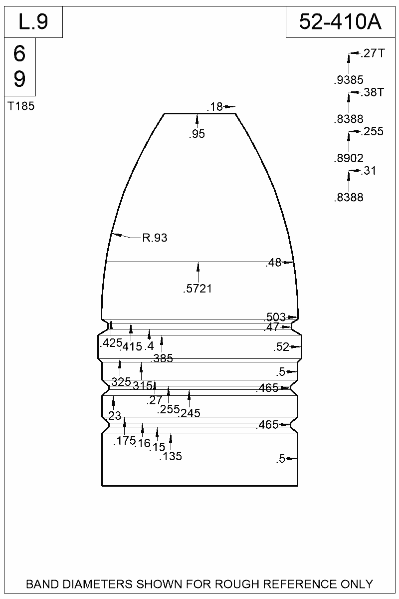 Dimensioned view of bullet 52-410A