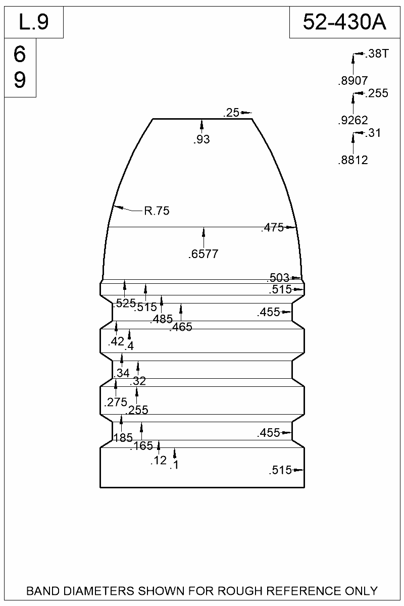 Accurate Molds catalog #52-430A Dimensioned view of bullet 52-430A