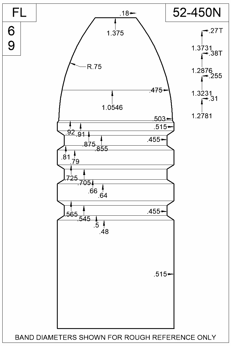Accurate Molds catalog #52-450N Dimensioned view of bullet 52-450N