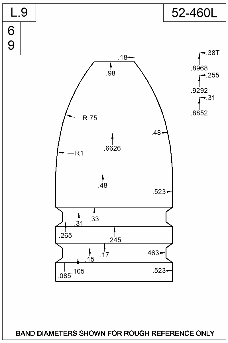Dimensioned view of bullet 52-460L