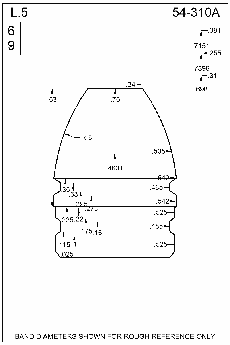 Accurate Molds catalog #54-310A Dimensioned view of bullet 54-310A