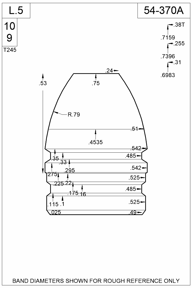 Accurate Molds catalog #54-370A Dimensioned view of bullet 54-370A