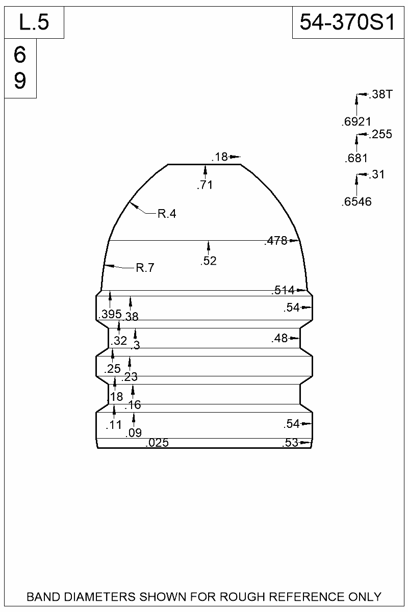Dimensioned view of bullet 54-370S1