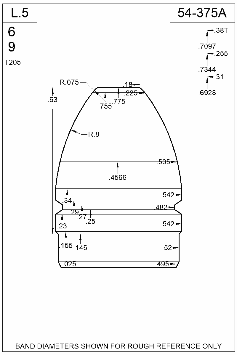 Dimensioned view of bullet 54-375A
