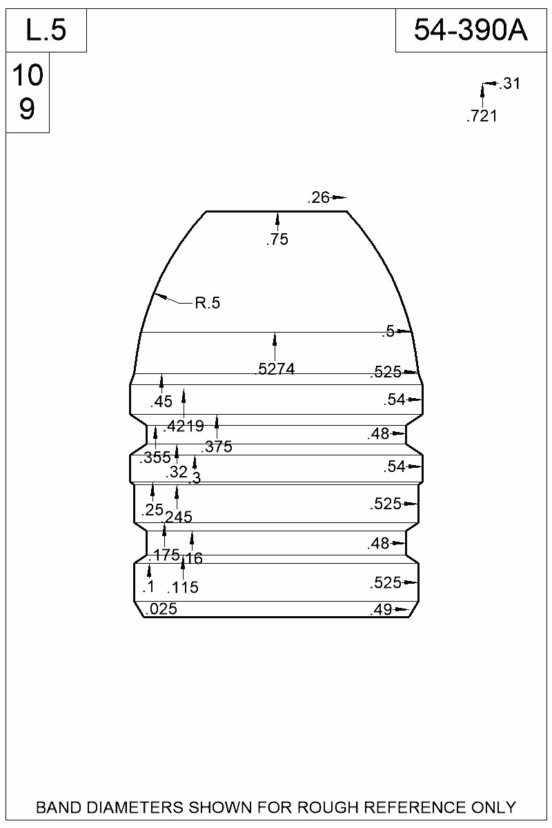 Accurate Molds catalog #54-390A Dimensioned view of bullet 54-390A