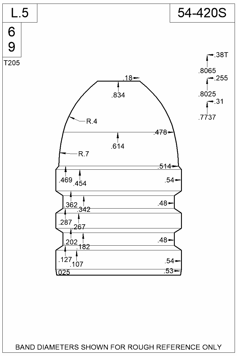 Dimensioned view of bullet 54-420S