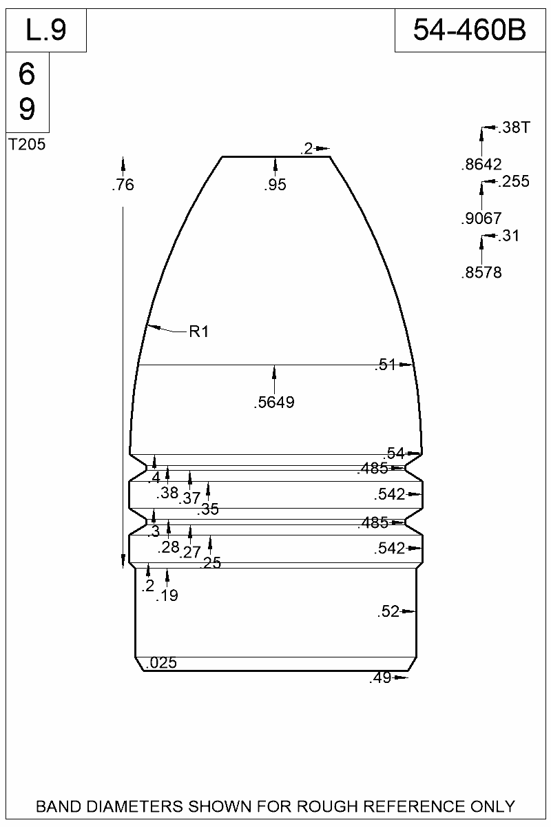 Dimensioned view of bullet 54-460B