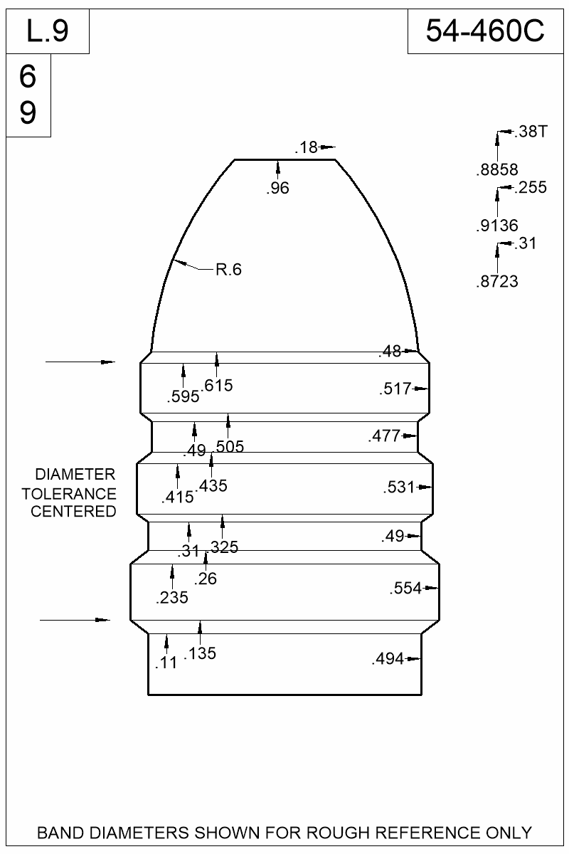 Dimensioned view of bullet 54-460C