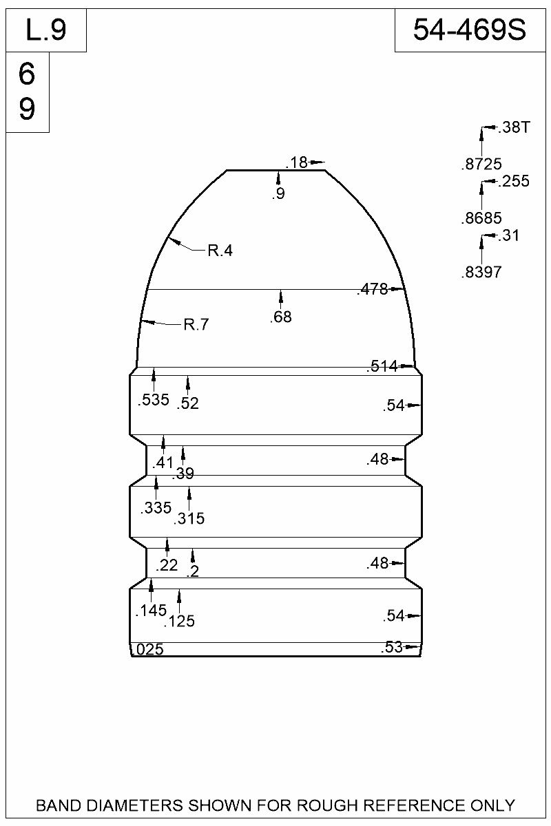 Dimensioned view of bullet 54-469S