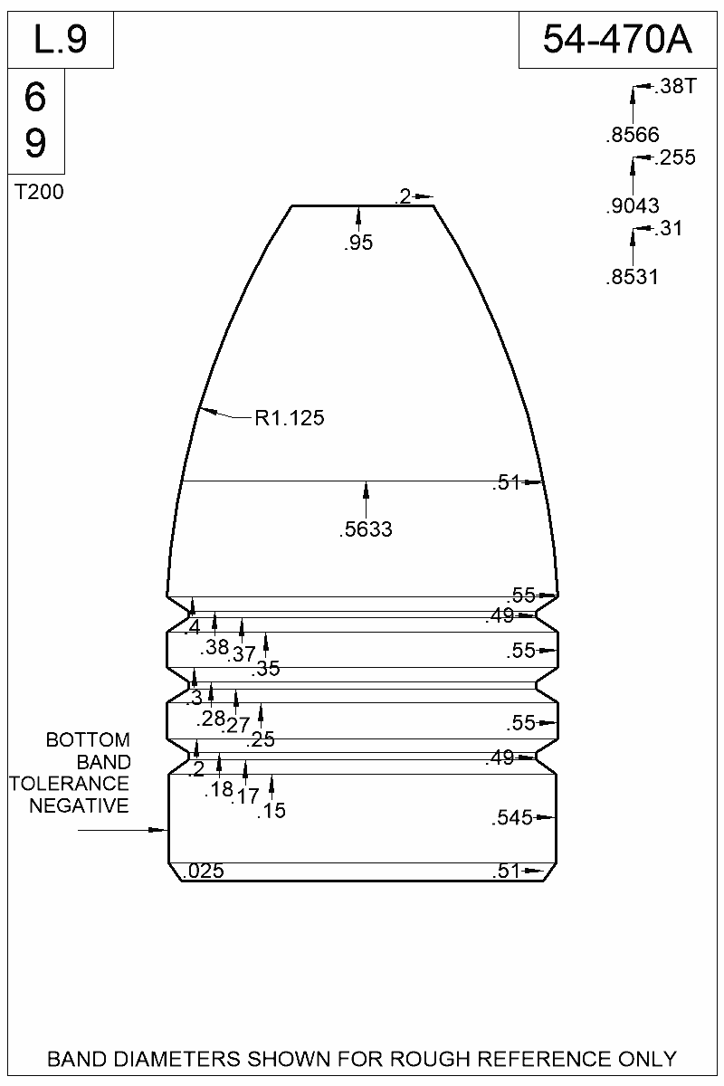 Dimensioned view of bullet 54-470A