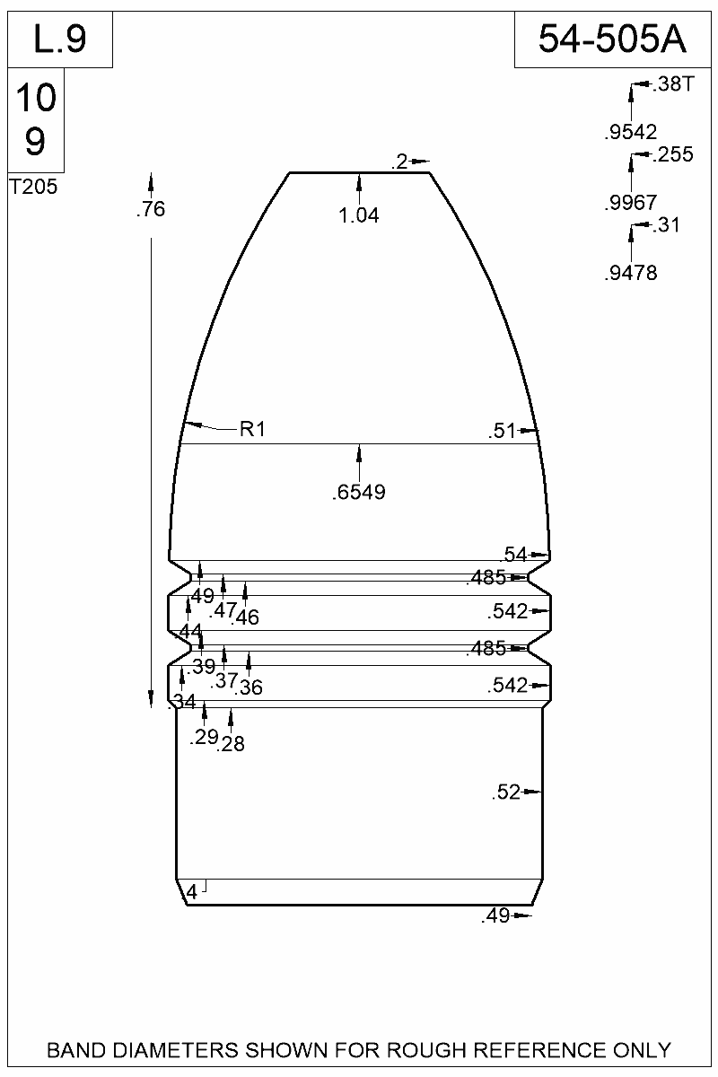 Dimensioned view of bullet 54-505A