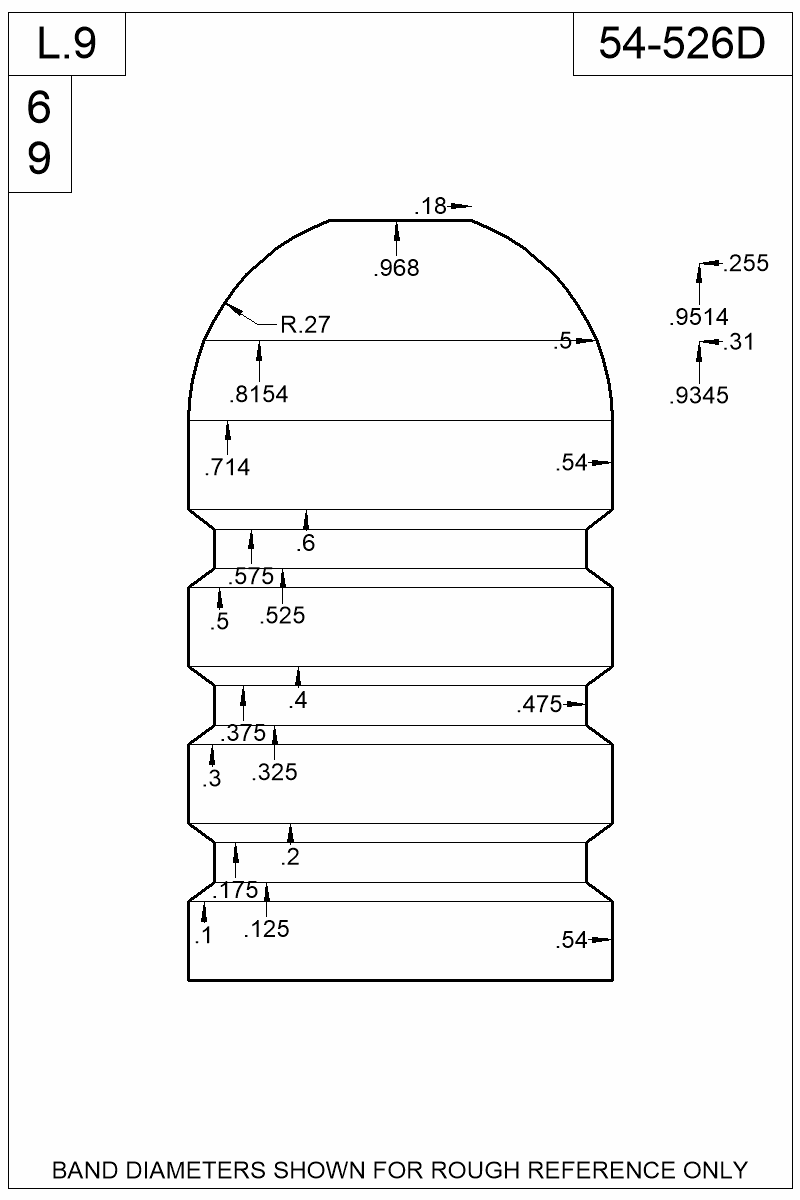 Dimensioned view of bullet 54-526D