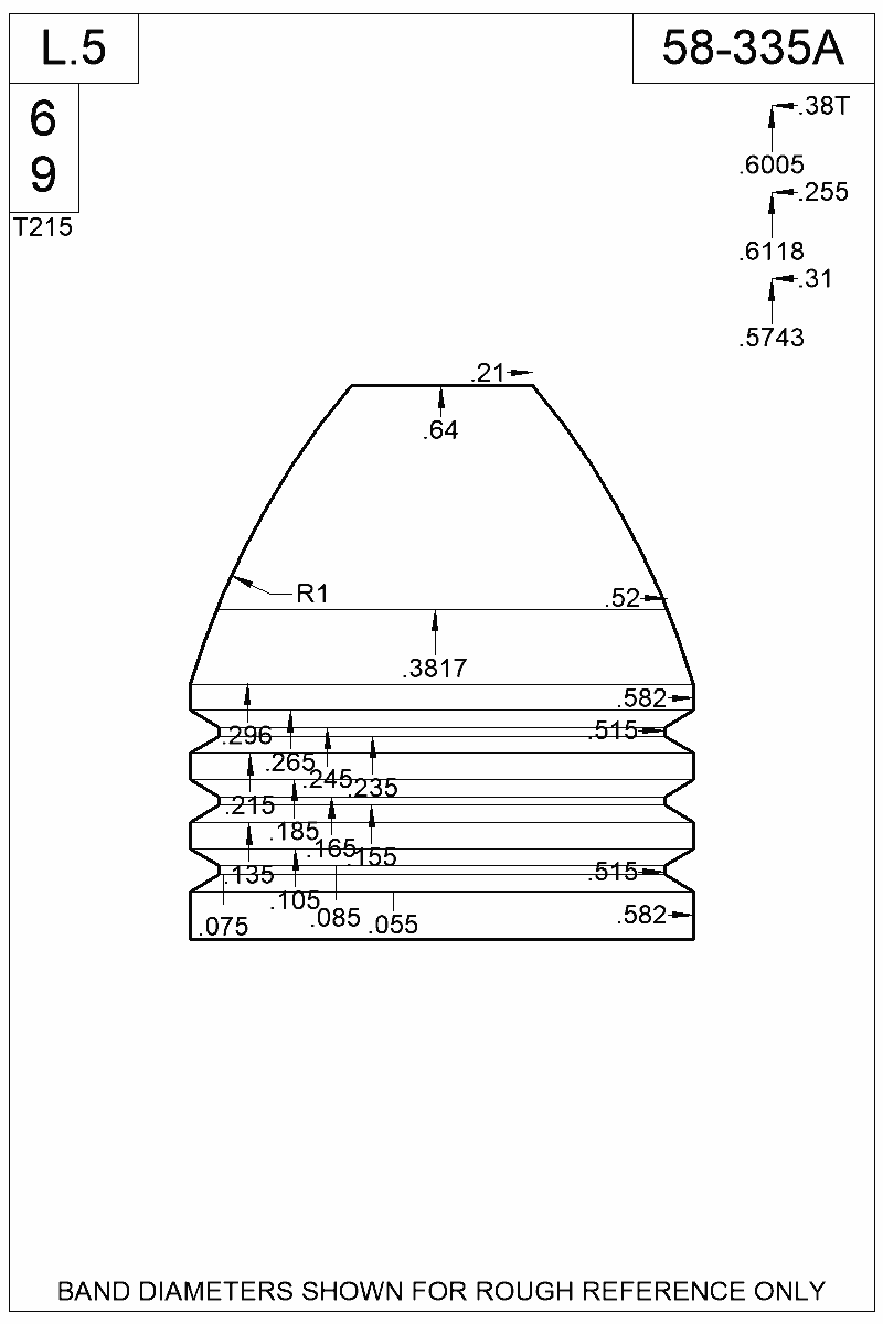 Dimensioned view of bullet 58-335A