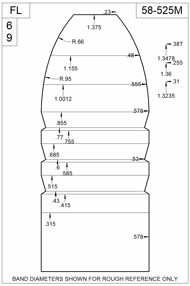 Dimensioned view of bullet 58-525M