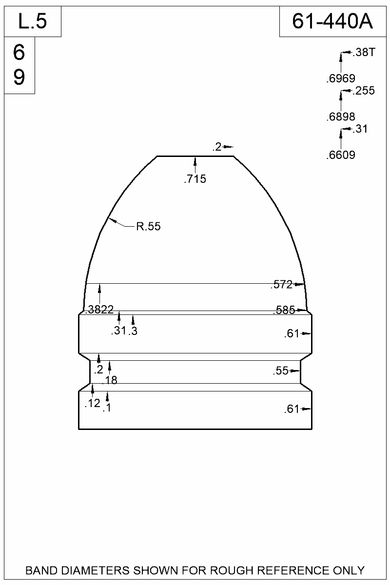 Dimensioned view of bullet 61-440A