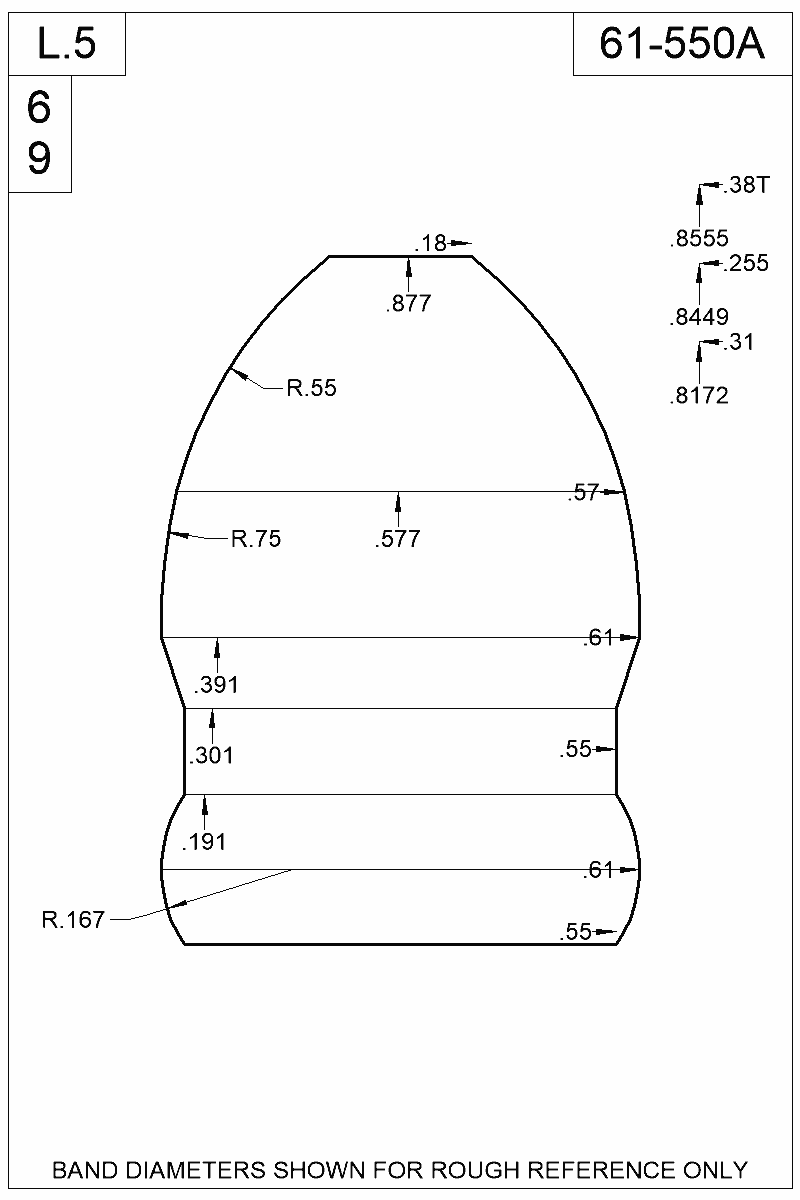 Dimensioned view of bullet 61-550A