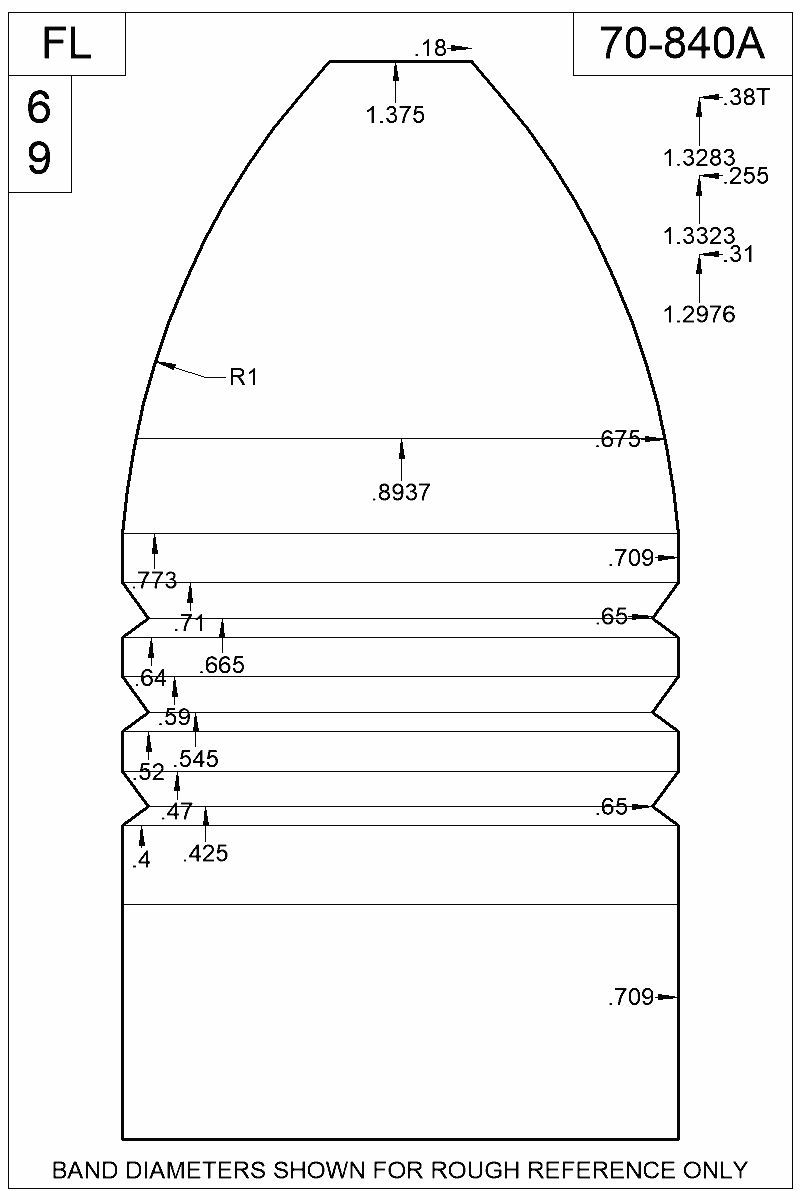 Dimensioned view of bullet 70-840A