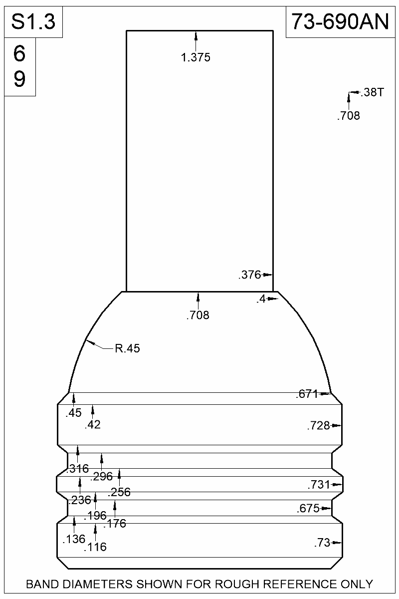 Dimensioned view of bullet 73-690AN