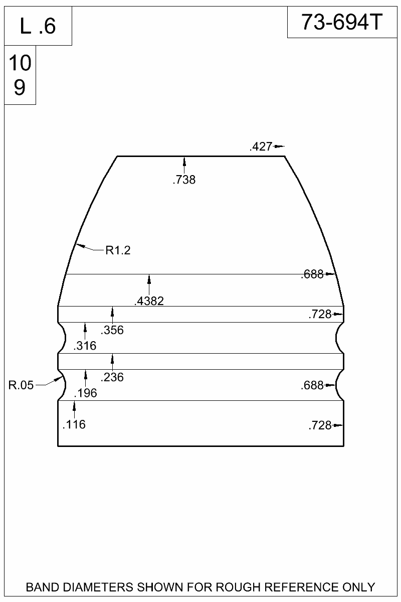 Dimensioned view of bullet 73-694T