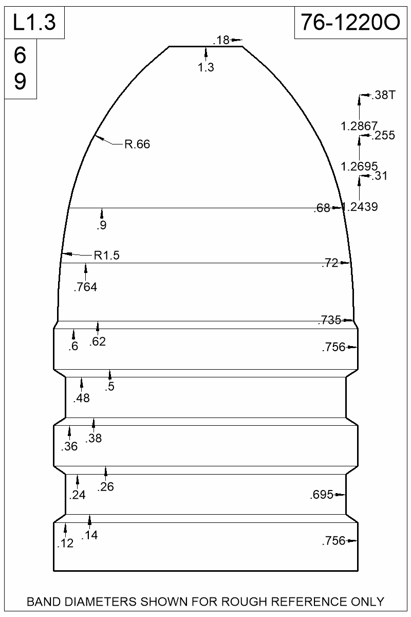 Dimensioned view of bullet 76-1220O