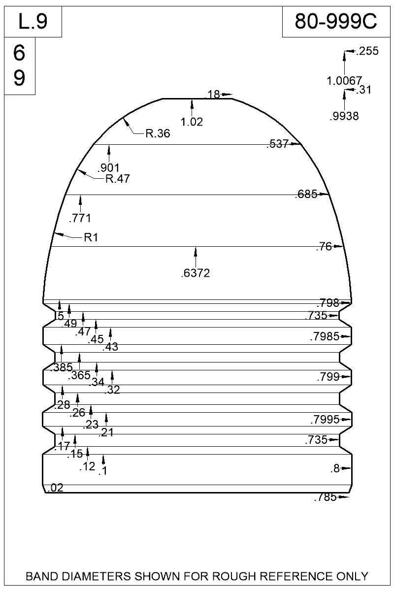 Dimensioned view of bullet 80-999C